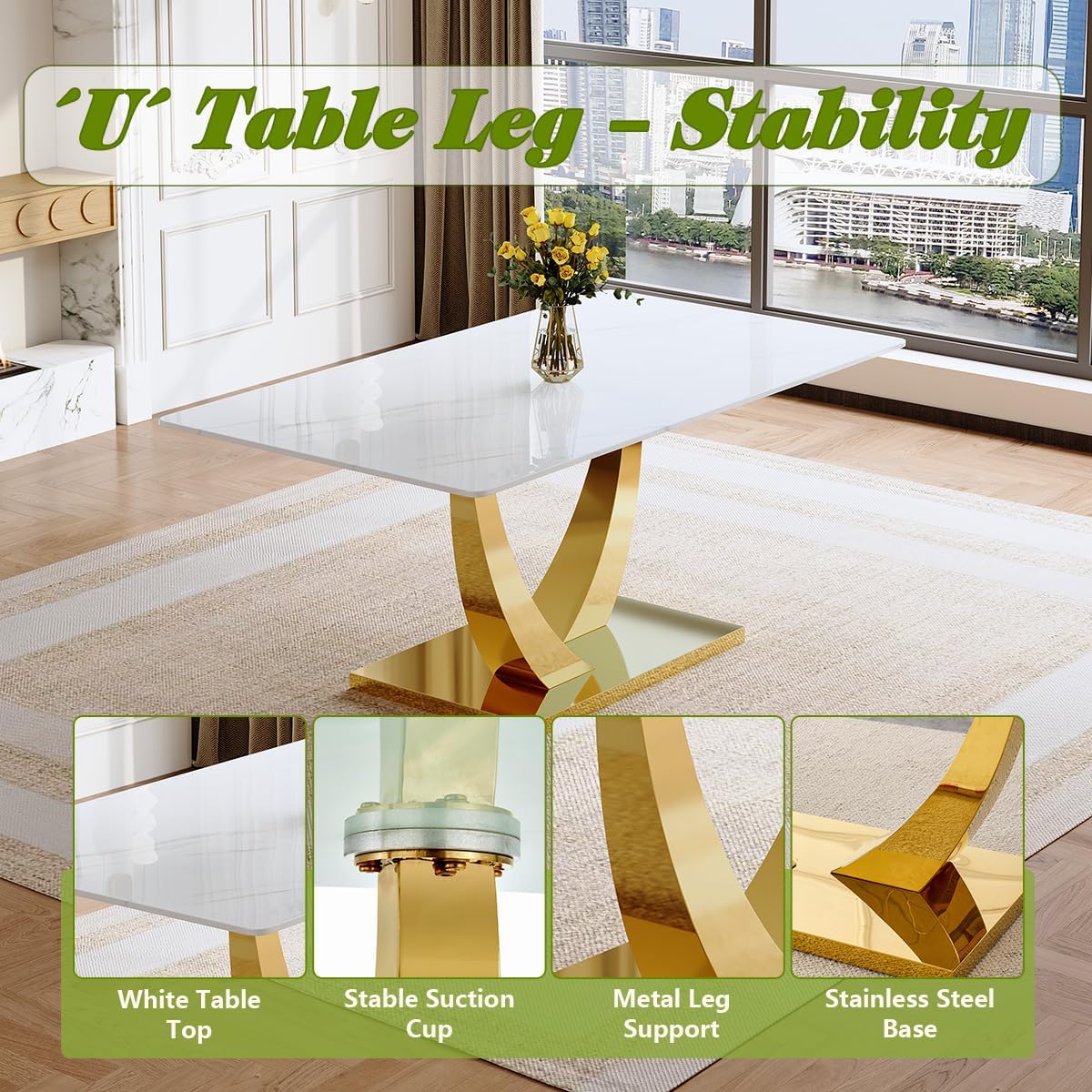 White Dining Table Set for 4, Faux Marble Dining Table with Stainless Steel Leg and Base