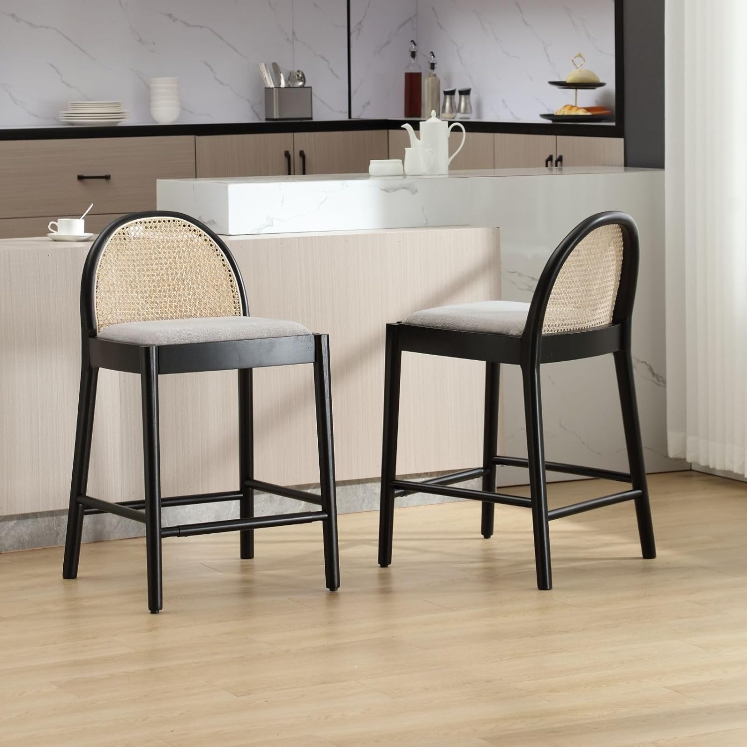 Modern Grey Rattan Counter Stools Set of 2, 26 Inch Height - Wooden Linen Upholstered Bar Stools