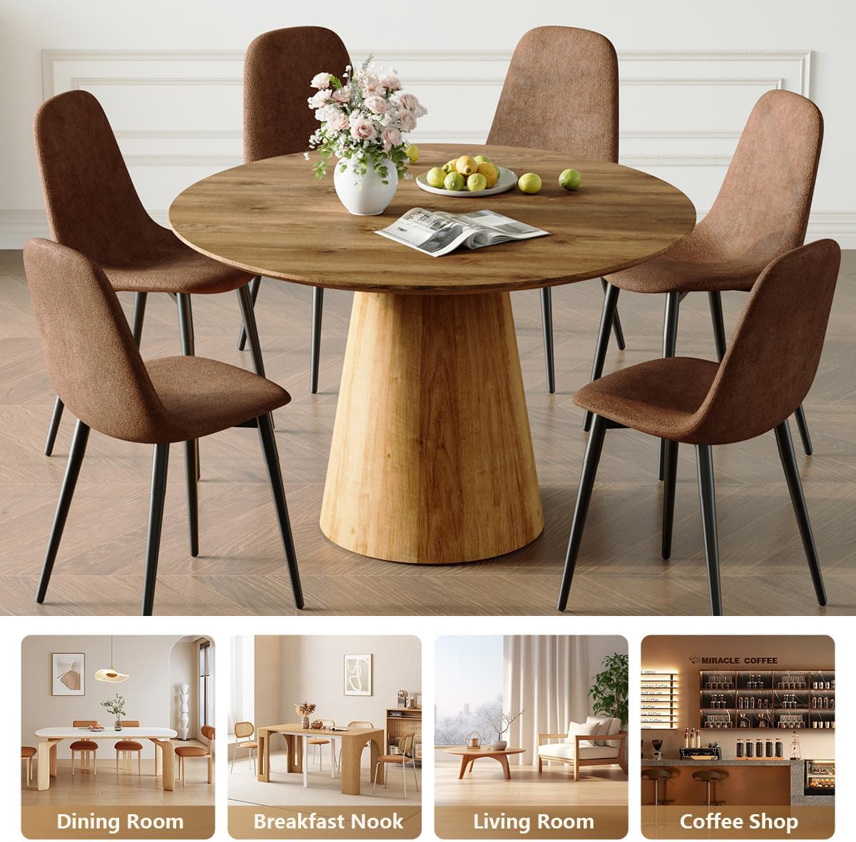 Round Dining Table Set for 6, 45''Round Wooden Dining Set with Cushioned Chairs