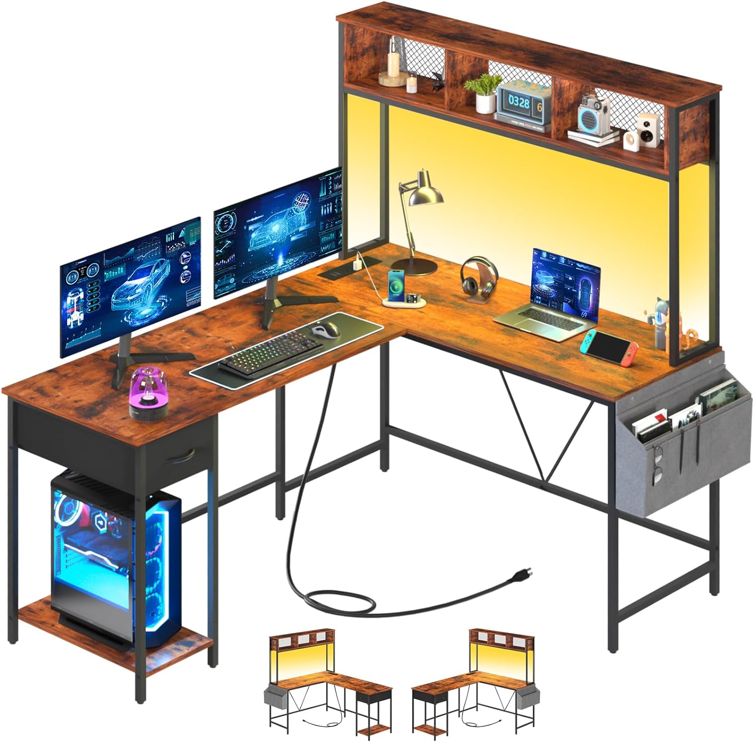 L Shaped Desk with LED Strip & Power Outlet, Reversible L-Shaped Computer Desk, Corner Desks Home Office Desk with Drawer