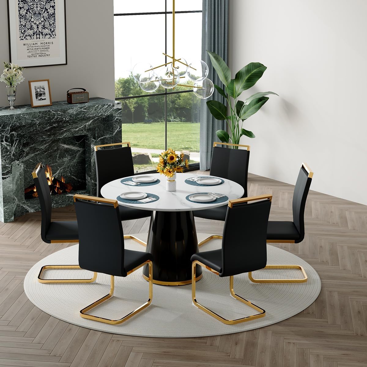 Round Dining Table Set for 6, 45'' Round Faux Marble Dining Set