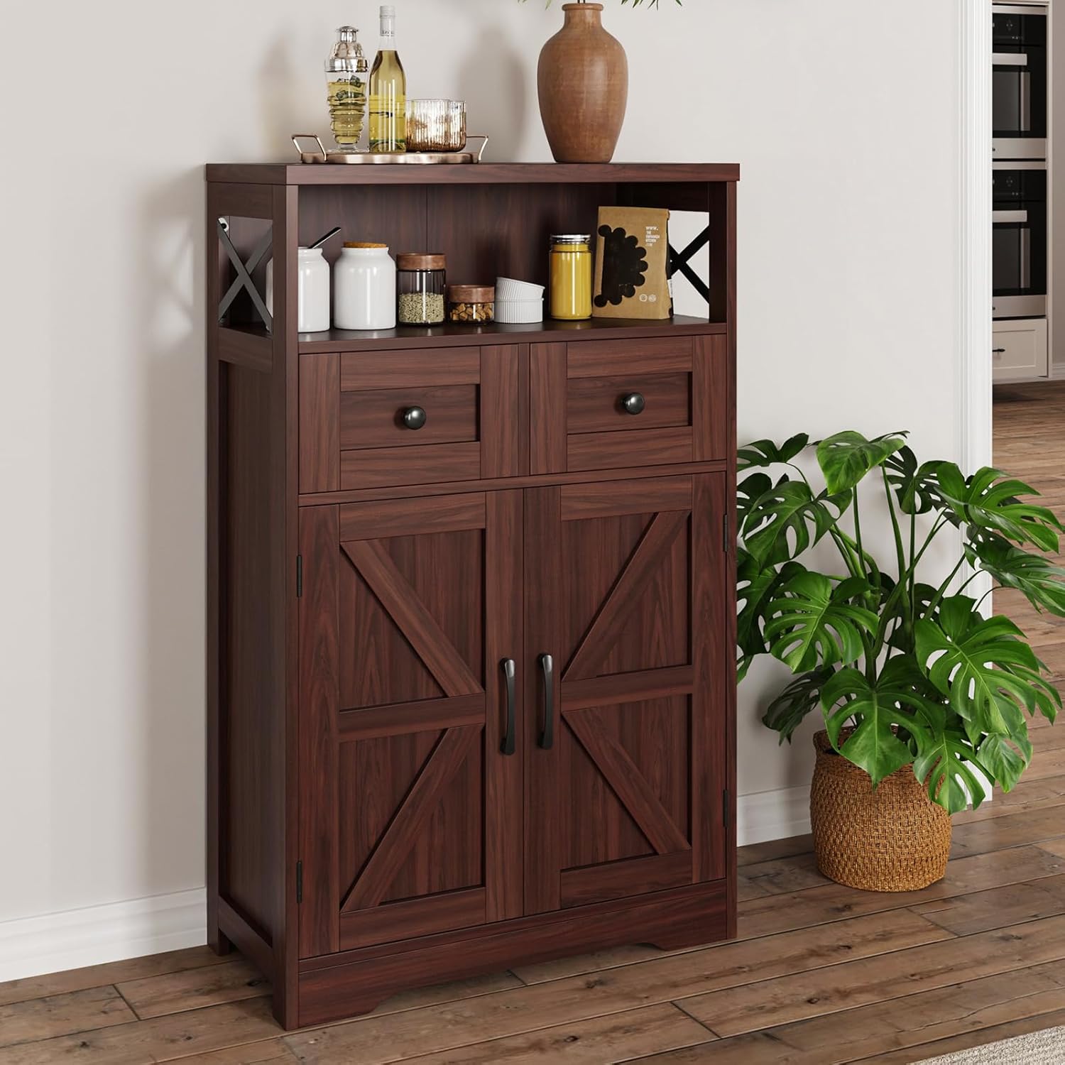 Dark Brown Storage Cabinet with Doors and Shelves, Farmhouse Kitchen Pantry Cabinet with Storage, Coffee Bar Station Cabinet