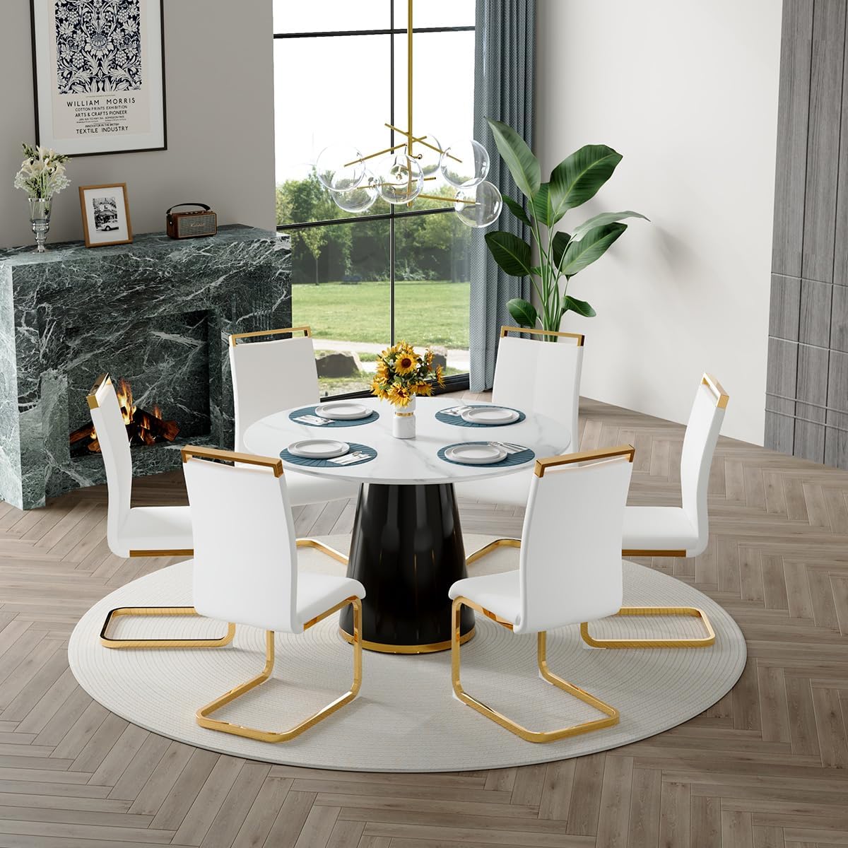 Round Dining Table Set for 6, 45'' Modern Round Wooden Dining Set with Cushioned Chairs