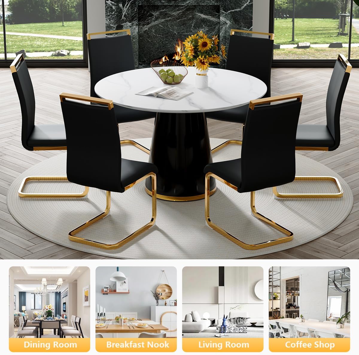 Round Dining Table Set for 6, 45'' Round Faux Marble Dining Set