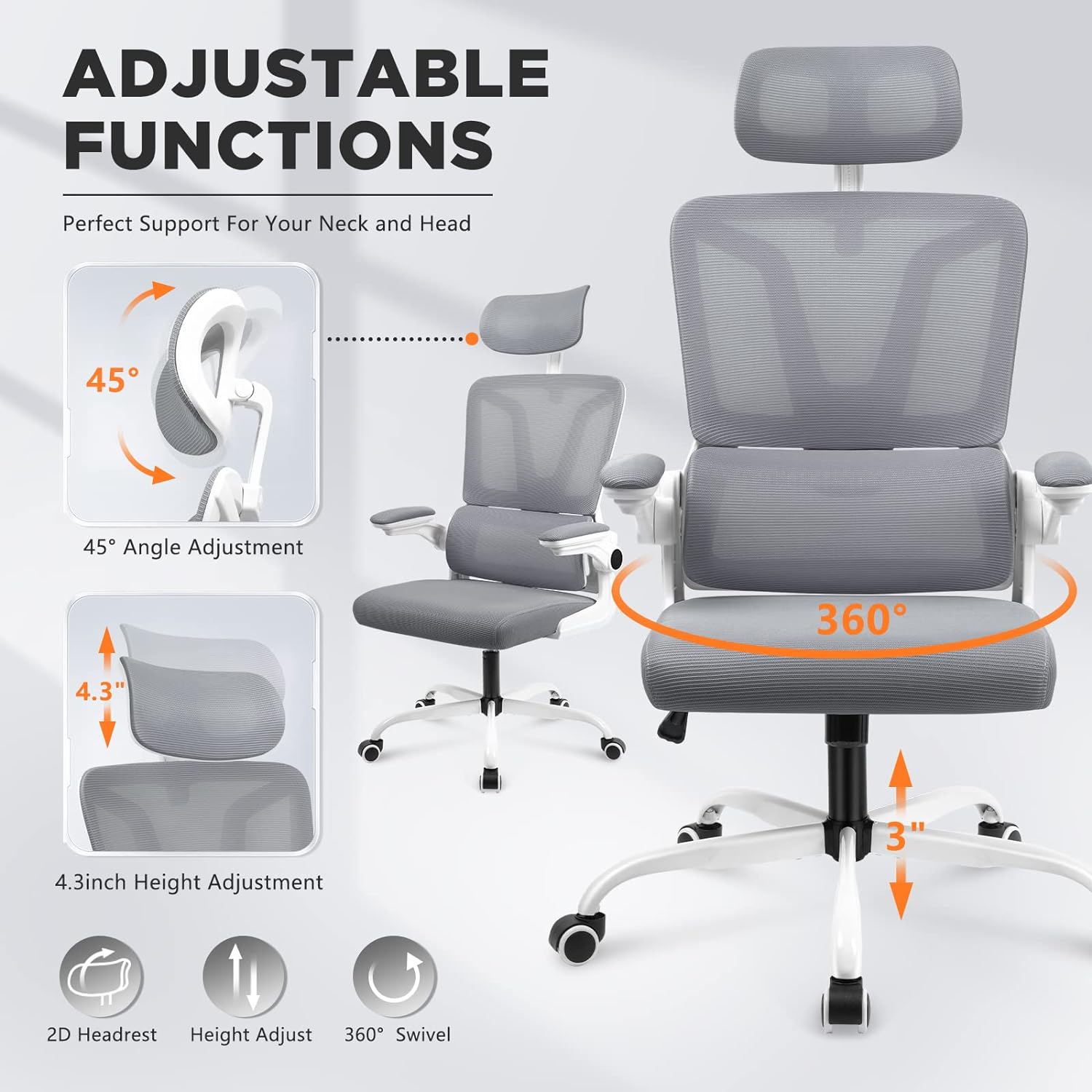 Mesh Office Chair with Headrest & Adjustable Arms