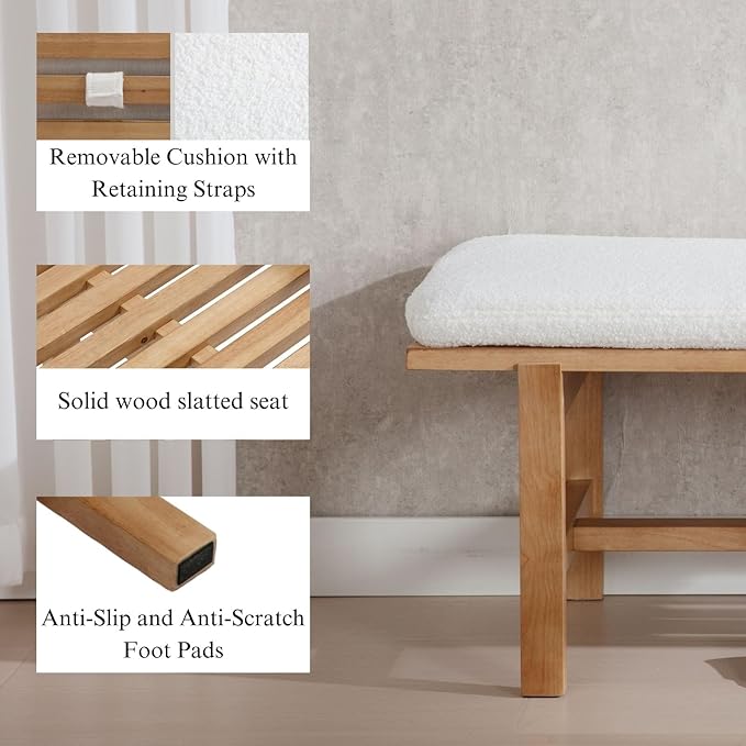 51'' L Wood Ottoman Bench, Modern 2-Person Sherpa Dining Bench Upholstered End of Bedromm Bench