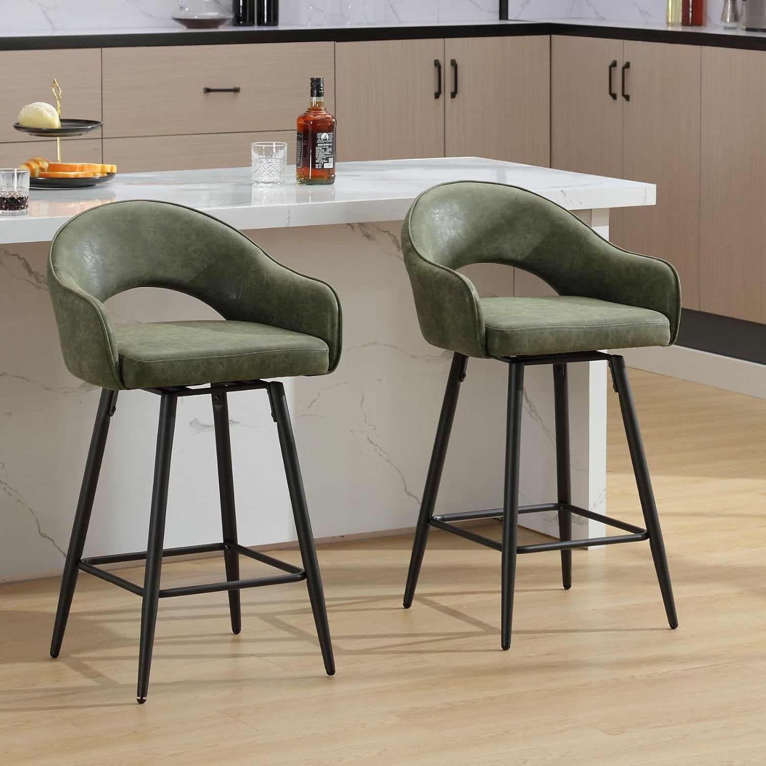 Swivel Bar Stools Set of 2, Modern 27" Counter Height Stools, PU Upholstered Kitchen Island Chair with Black Metal Legs
