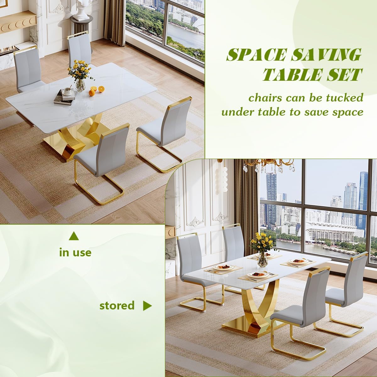 White Dining Table Set for 4, Faux Marble Dining Table with Stainless Steel Leg and Base