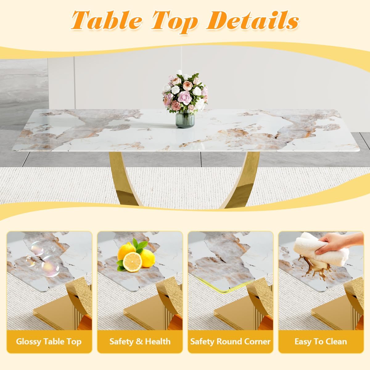 Dining Table Set for 6, 7 Pieces Faux Marble Dining Table Set & 6 PU Upholstered Chairs