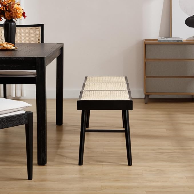 Solid Wood Entryway Bench, 55.25” Wide Natural Cane Seat Long Bench