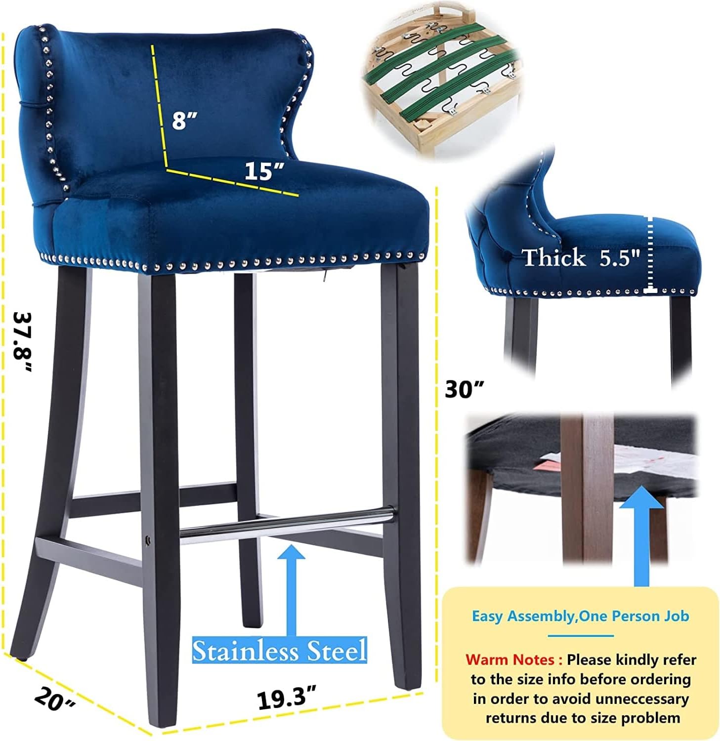 Velvet Wingback Bar Stools Set of 2, Contemporary Leisure 37" Upholstered Button Tufted Counter Height Bar Stool