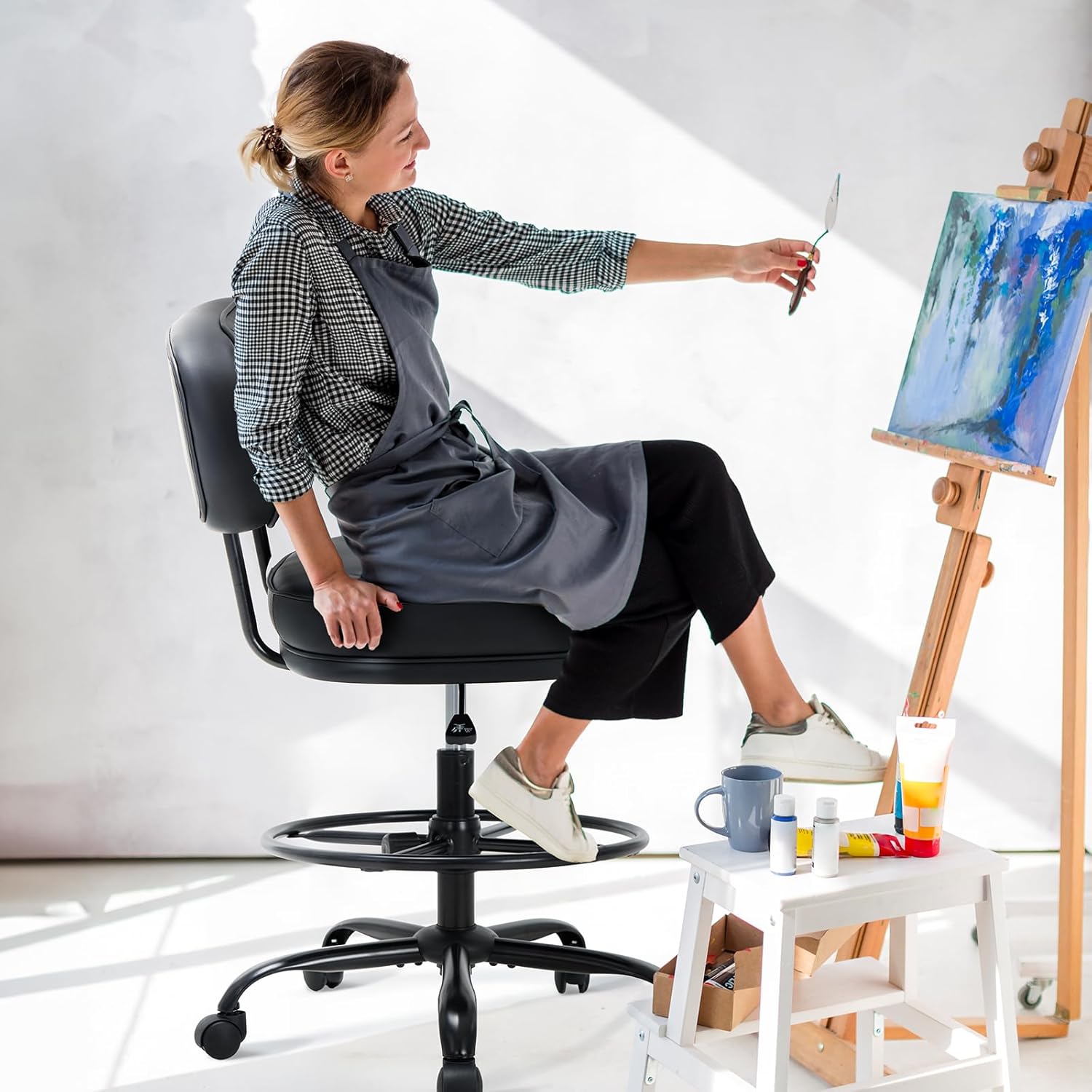 Drafting Chair-Tall Office Chair 275lbs, Standing Desk Chair with Adjustable Footrest Ring, Wide Seat, Thick Cushion and Back