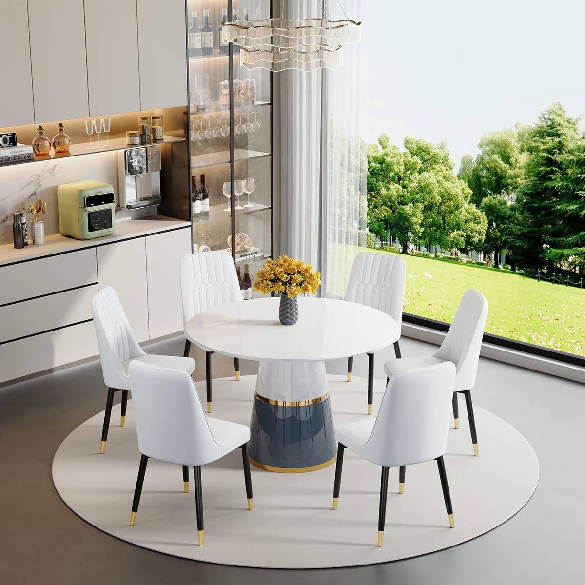45'' Round Dining Table Set for 6, White Round Dining Table Set for 6