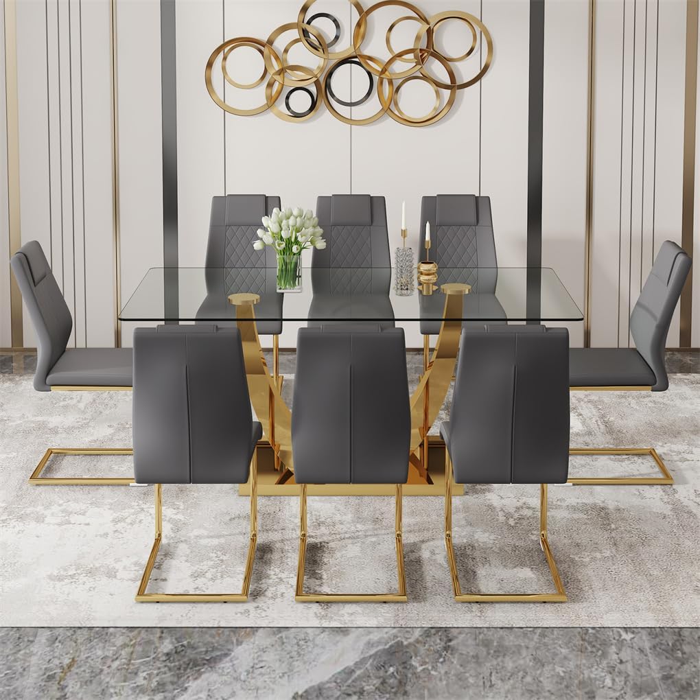 71'' Glass Dining Table Set for 8, Dining Table Set for 8, Dining Room Table Set for 8