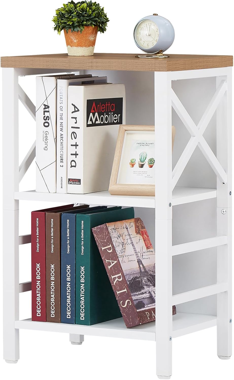 Small Bookcase,3 Tier Industrial Short Bookshelf with Metal Frame and Backboard,Low White Bookshelf
