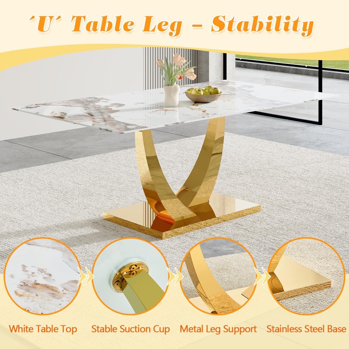 Dining Table Set for 6, 7 Pieces Faux Marble Dining Table Set & 6 PU Upholstered Chairs