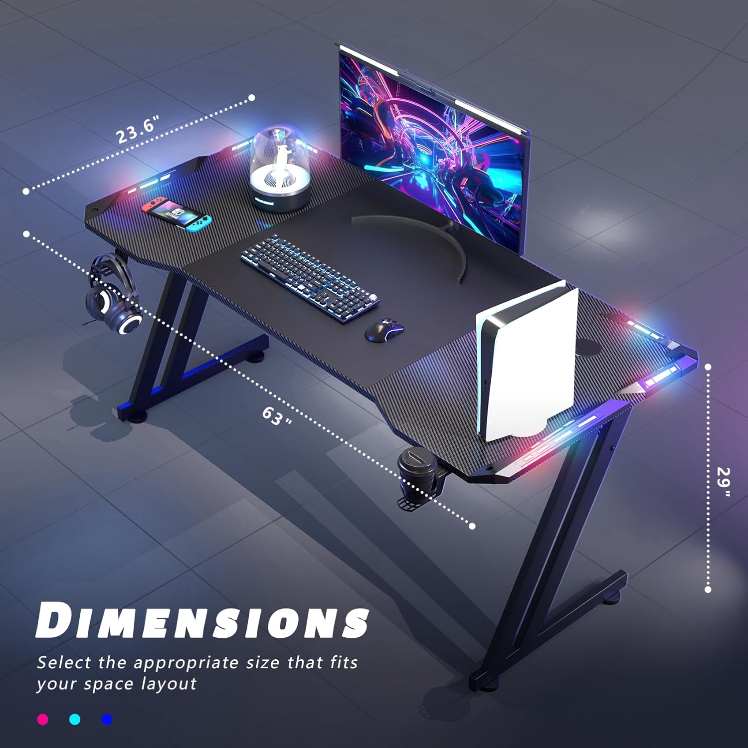 63 Inch Gaming Desk with LED Lights Carbon Fibre Surface Gaming Table Large Computer Desk