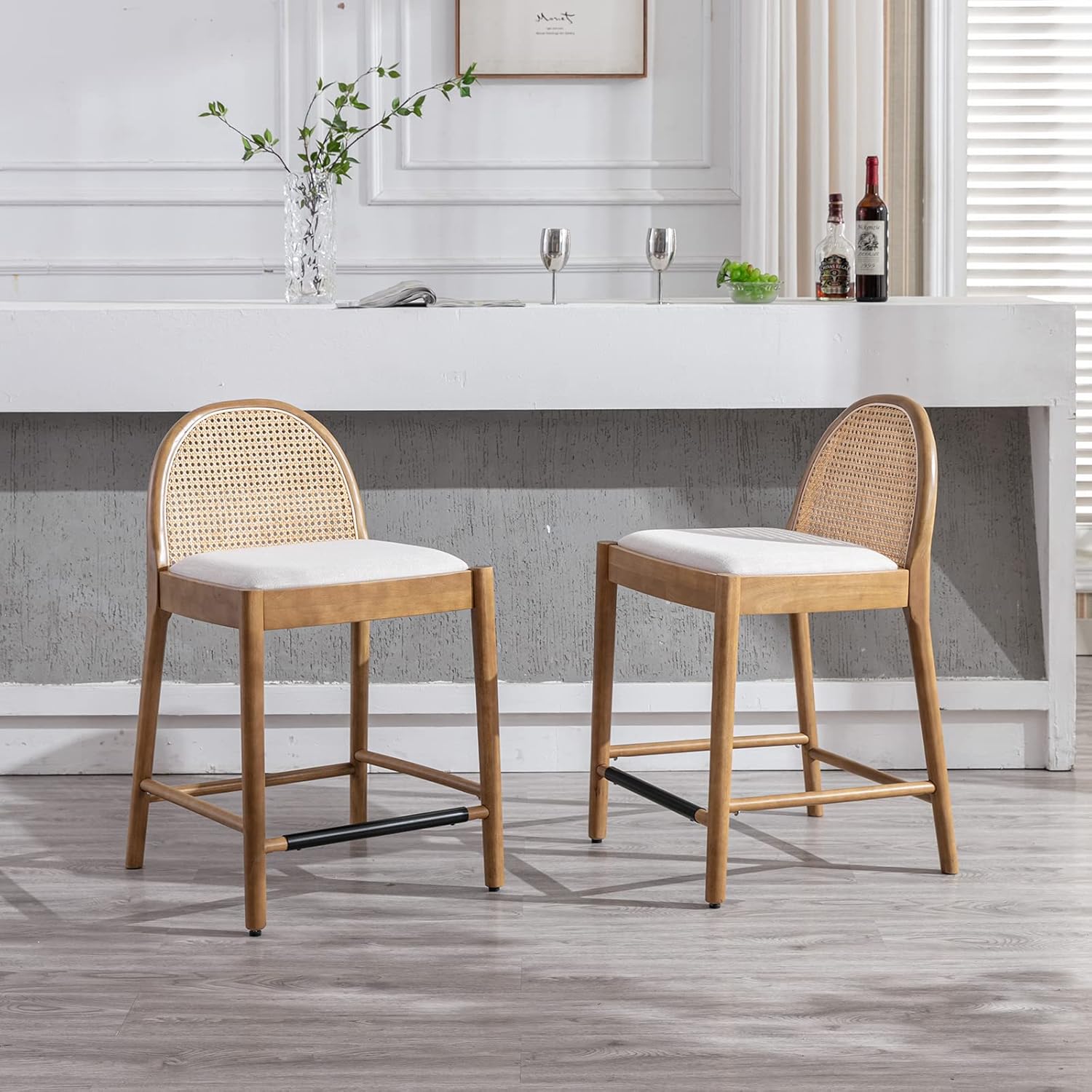 Modern Beige Rattan Counter Stools Set of 2, 26 Inch Height