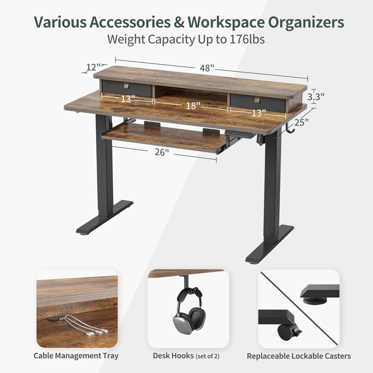 Standing Desk with Drawers, Adjustable Height Desk with Keyboard Tray, Stand Up Desk with Storage Shelf