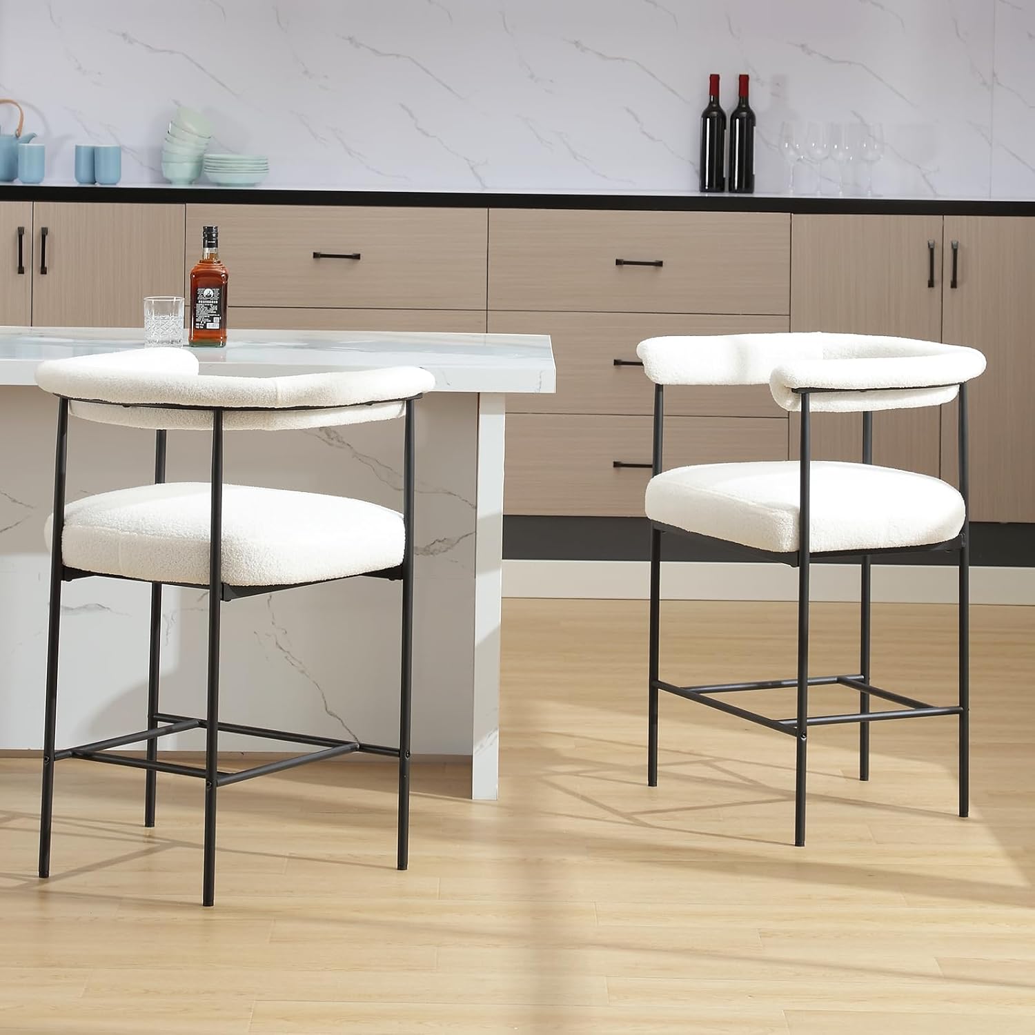 Modern Barrel Bar Stools Set of 2, 26" Counter Height Stools with Arms