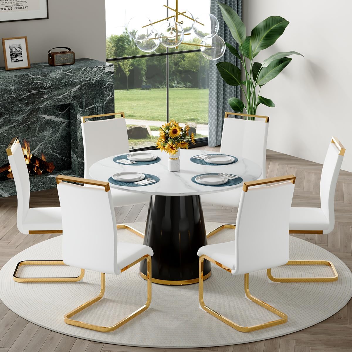 Round Dining Table Set for 6, 45'' Modern Round Wooden Dining Set with Cushioned Chairs