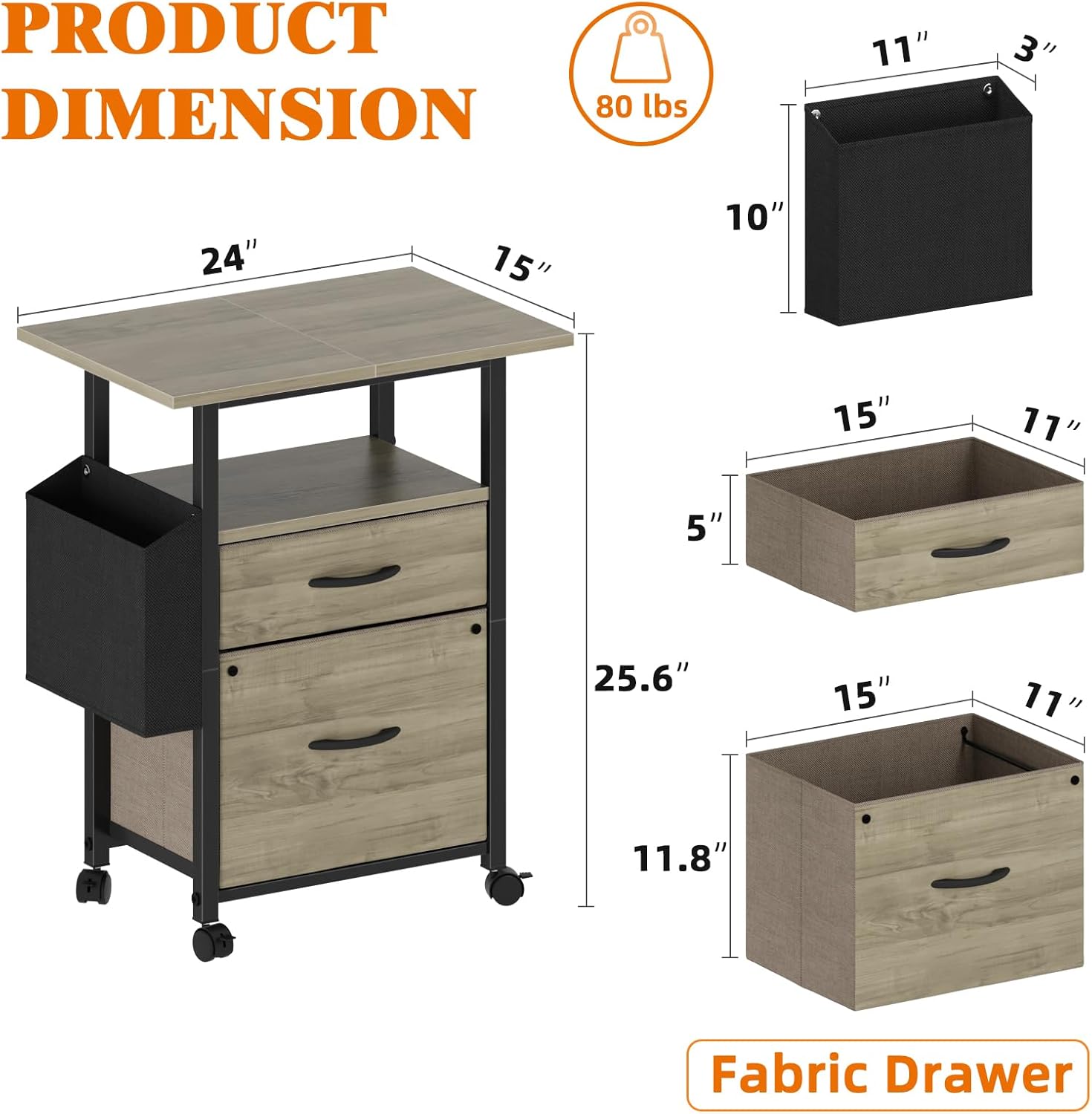 2 Drawer File Cabinet with 24'' Extended Desktop, Mobile Filing Cabinet, Rolling File Cabinet with Side Bag