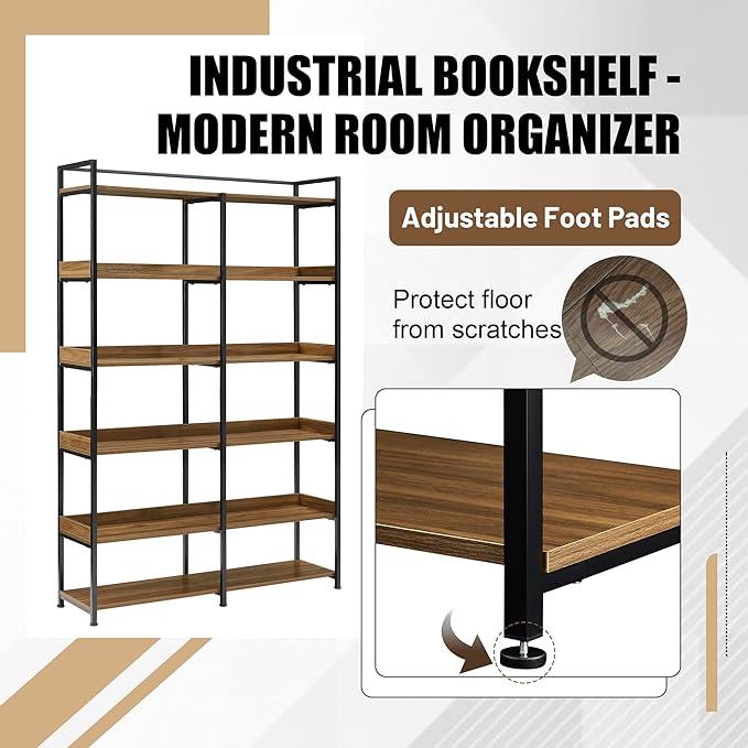 71 Inch Tall Bookshelf, 6-Tier Industrial Bookshelf