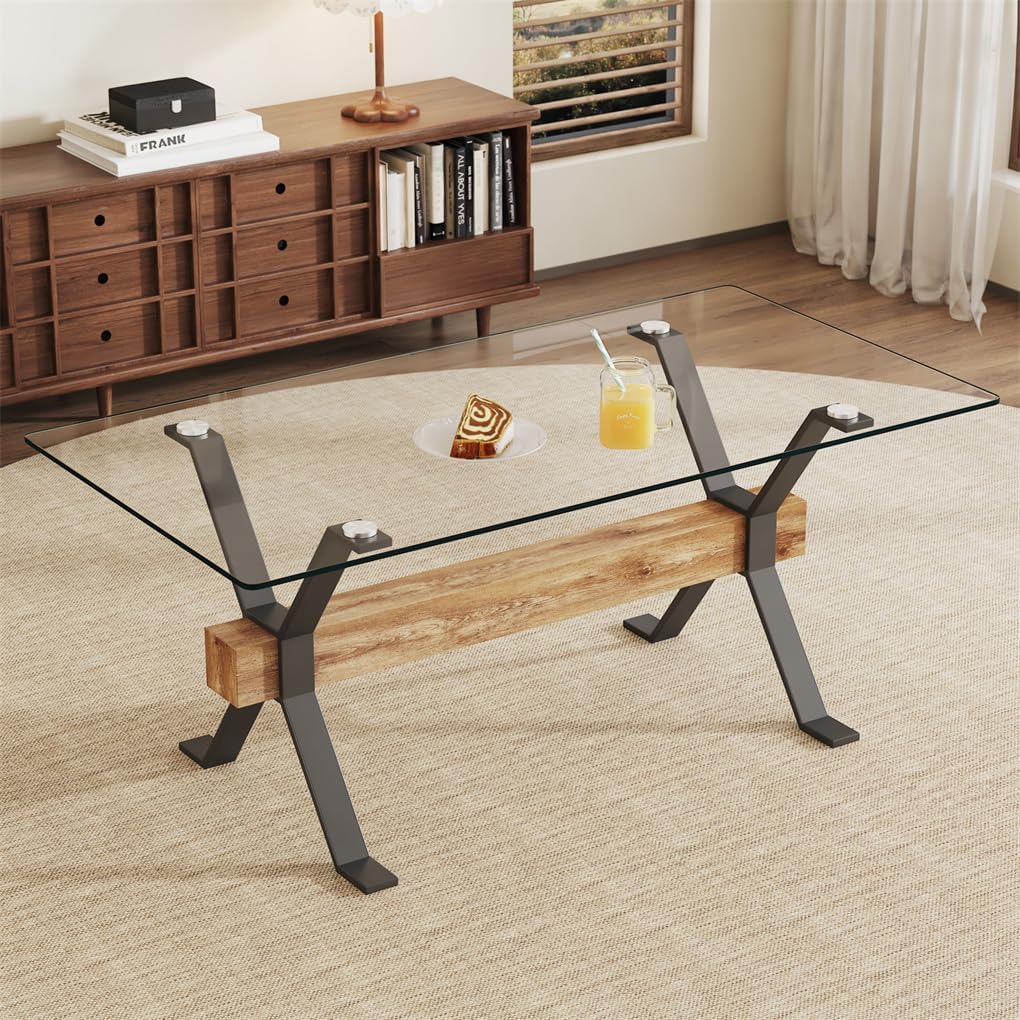 71" Glass Dining Table, Tempered Glass Tabletop + Metal Leg + MDF Crossbars