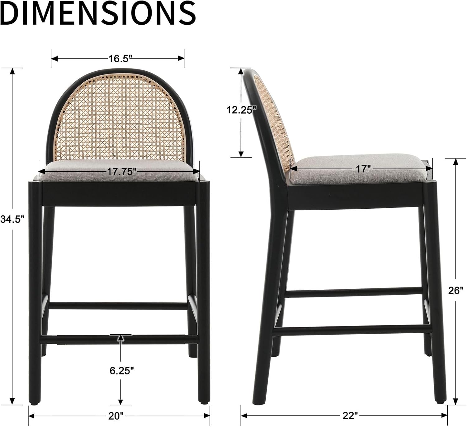 Modern Grey Rattan Counter Stools Set of 2, 26 Inch Height - Wooden Linen Upholstered Bar Stools