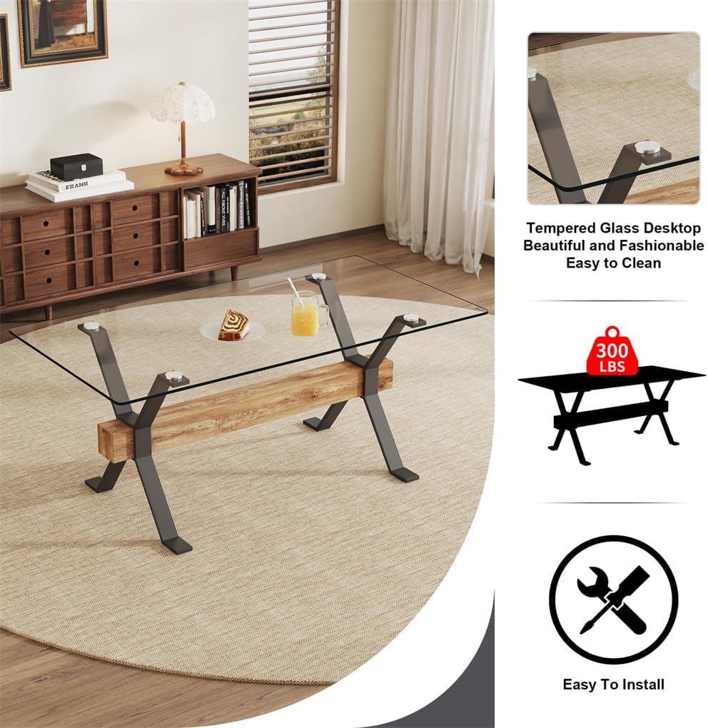 71" Glass Dining Table, Tempered Glass Tabletop + Metal Leg + MDF Crossbars