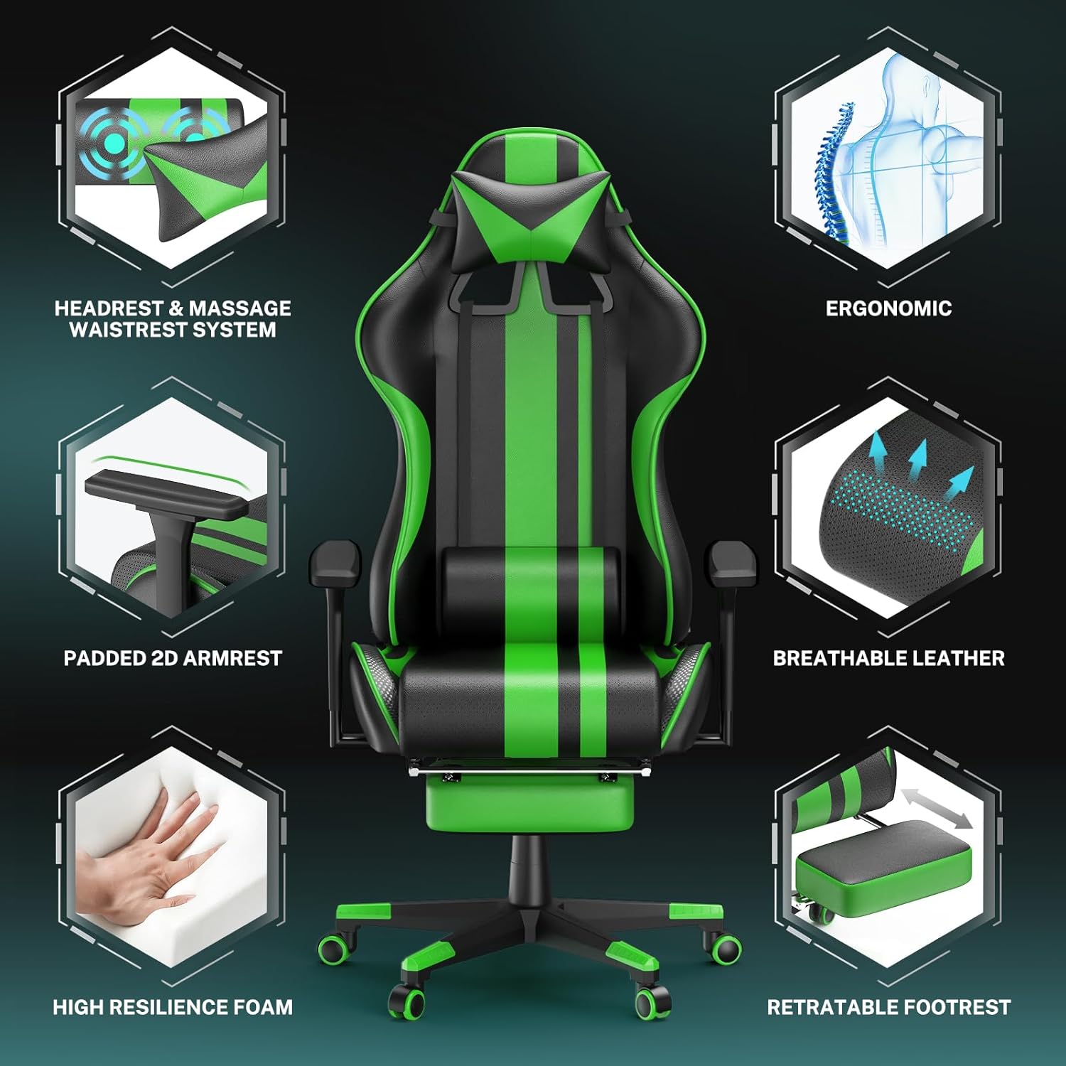 Green Gaming Chair with Footrest, Leather Ergonomic Gaming Chairs for Adults
