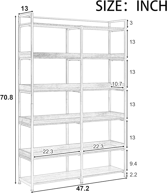 71 Inch Tall Bookshelf, 6-Tier Industrial Bookshelf