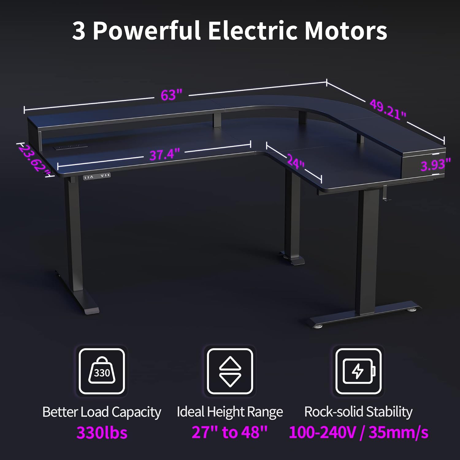 L Shaped Standing Desk with Arc LED & Power Outlet, Exclusive Uprated 3 Motors Support 330LBS