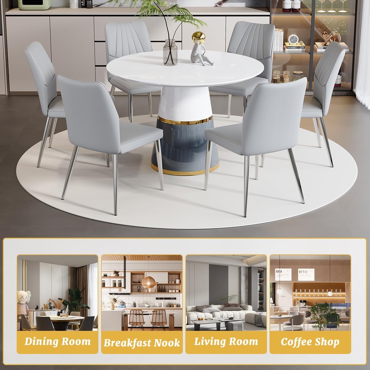 45'' Round Dining Table Set for 6, White Round Dining Table Set for 6
