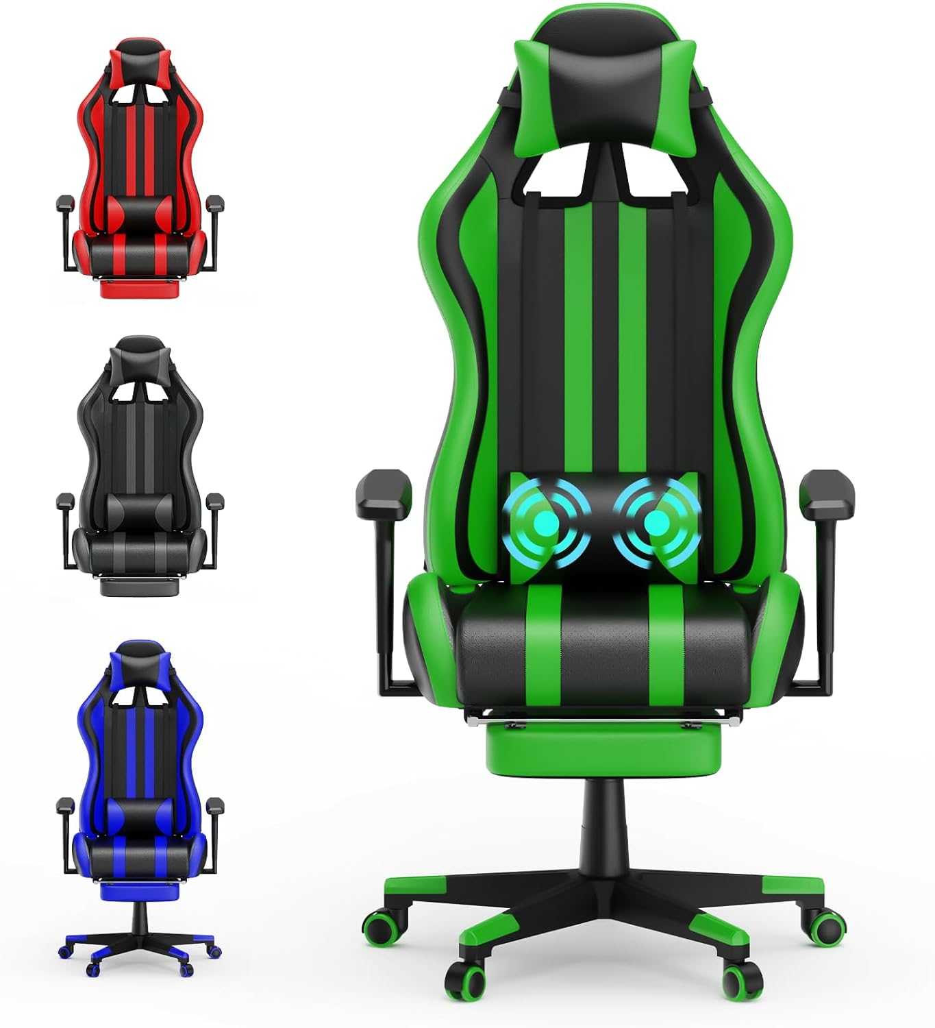 Green Gaming Chair with Footrest,Racing Ergonomic Massage Gaming Chairs for Adults Work in Office