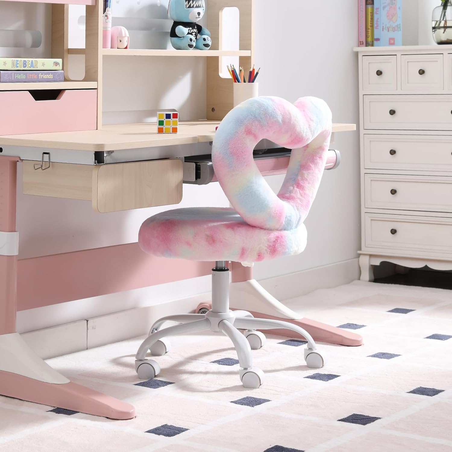 Faux Fur Kids Desk Chair, Heart Back Upholstered Computer Chair for Boys and Girls