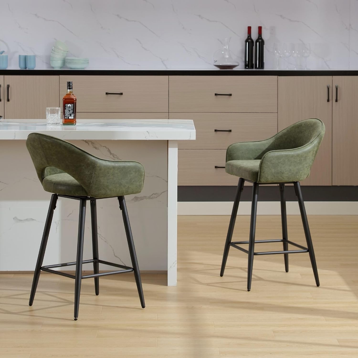 Swivel Bar Stools Set of 2, Modern 27" Counter Height Stools, PU Upholstered Kitchen Island Chair with Black Metal Legs