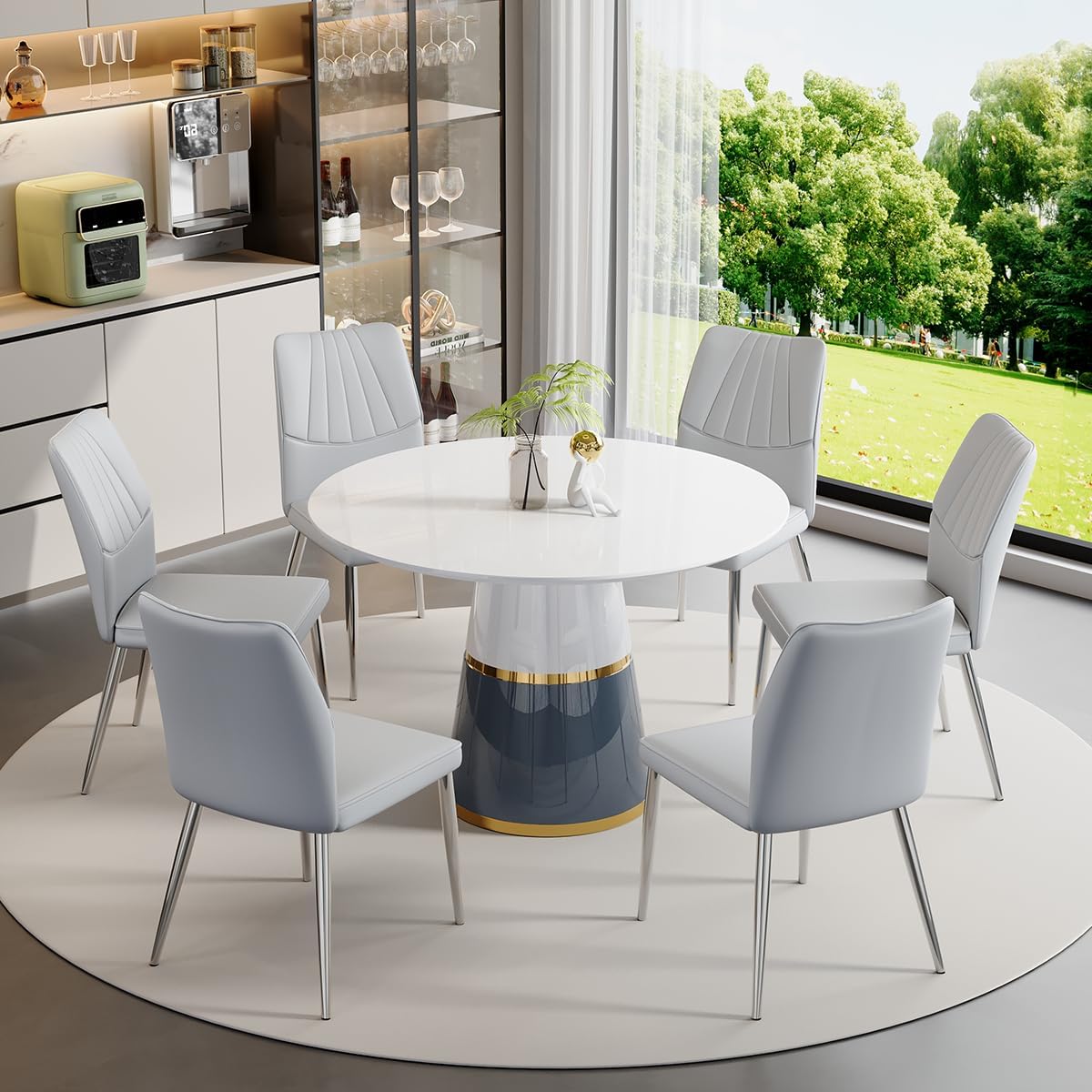 45'' Round Dining Table Set for 6, White Round Dining Table Set for 6