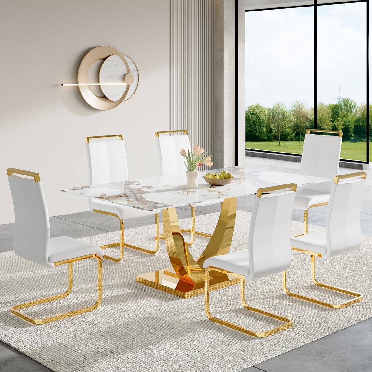 Dining Table Set for 6, 7 Pieces Faux Marble Dining Table Set & 6 PU Upholstered Chairs