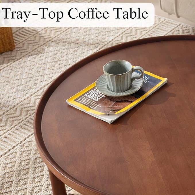 Round Wood Coffee Table for Living Room, Oak Wooden 2 Tier Circle Coffee Table