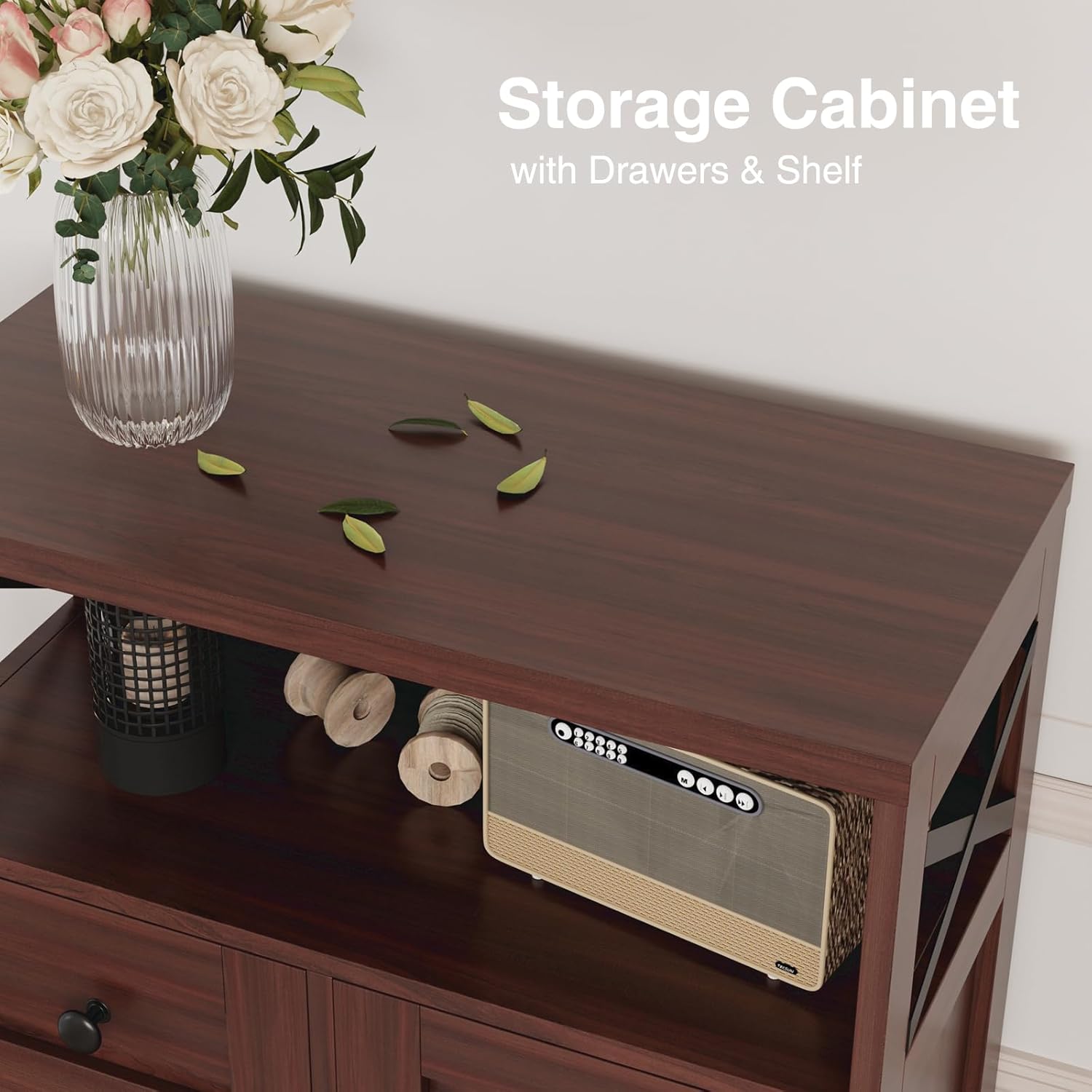 Dark Brown Storage Cabinet with Doors and Shelves, Farmhouse Kitchen Pantry Cabinet with Storage, Coffee Bar Station Cabinet