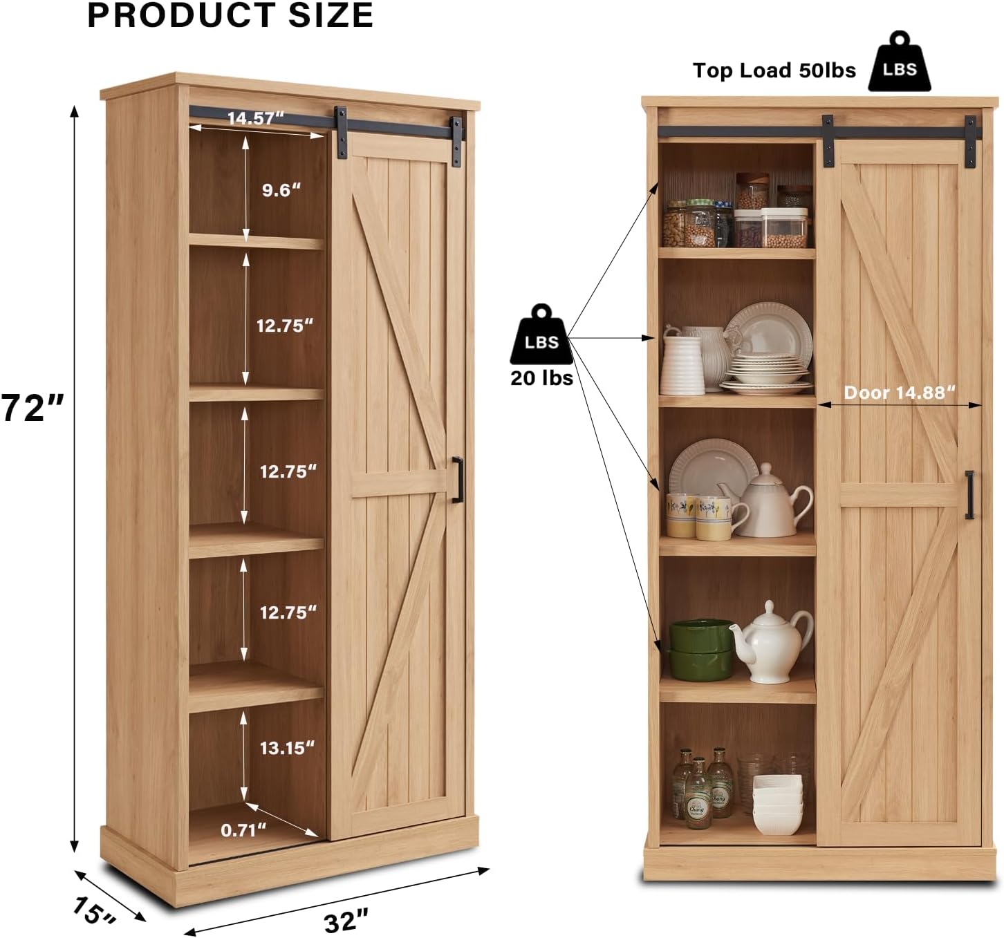 72” Tall Farmhouse Bookshelf, 32” Wide Large Modern Wooden Bookcase with Sliding Barn Door