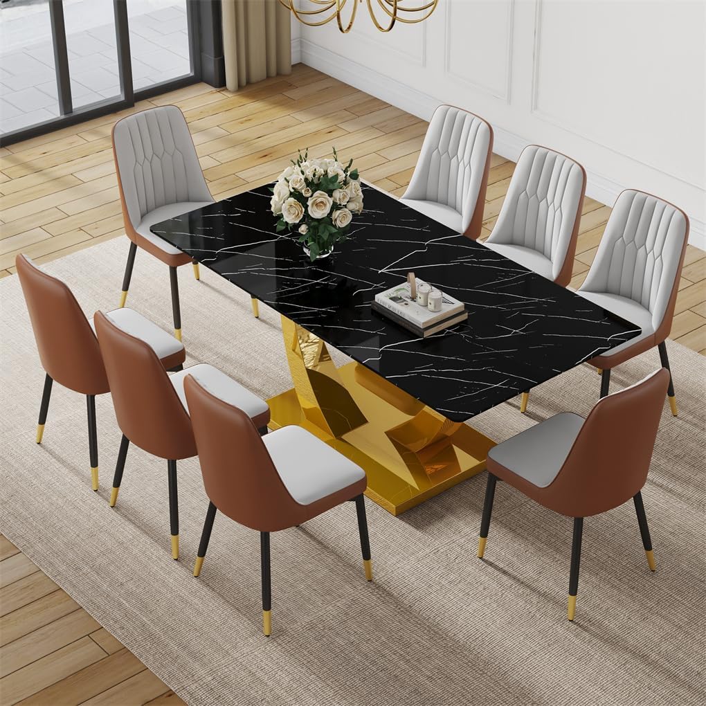 71" Dining Table Set for 8, Faux Marble Dining Room Table Top with Metal U-Shaped Leg and Base
