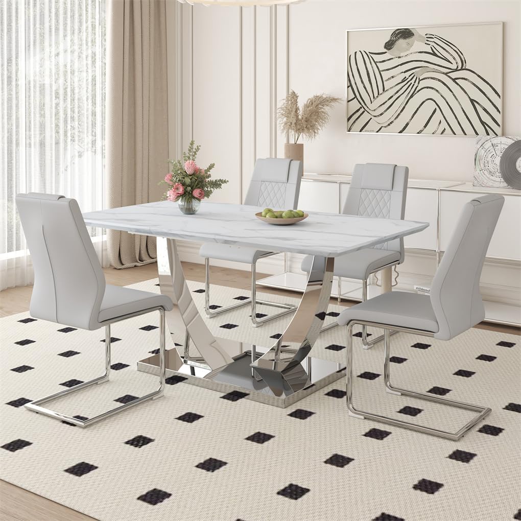 63" White Dining Table Set for 4, Faux Marble Dining Room Table with Stainless Steel Leg and Base