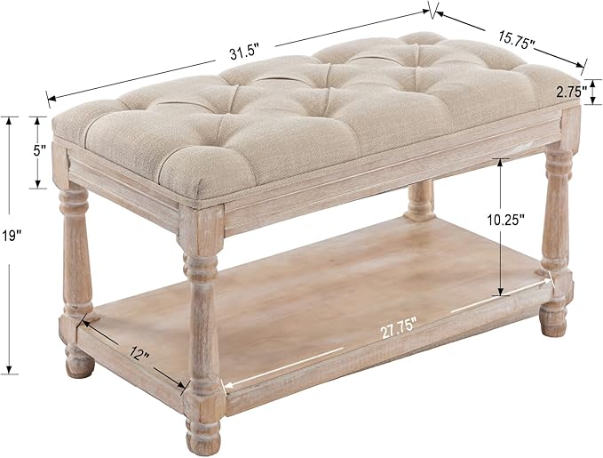 Farmhouse Tufted Storage Ottoman Bench with Shelf, 31.5" Width Linen Upholstered Entryway Shoe Ottoman