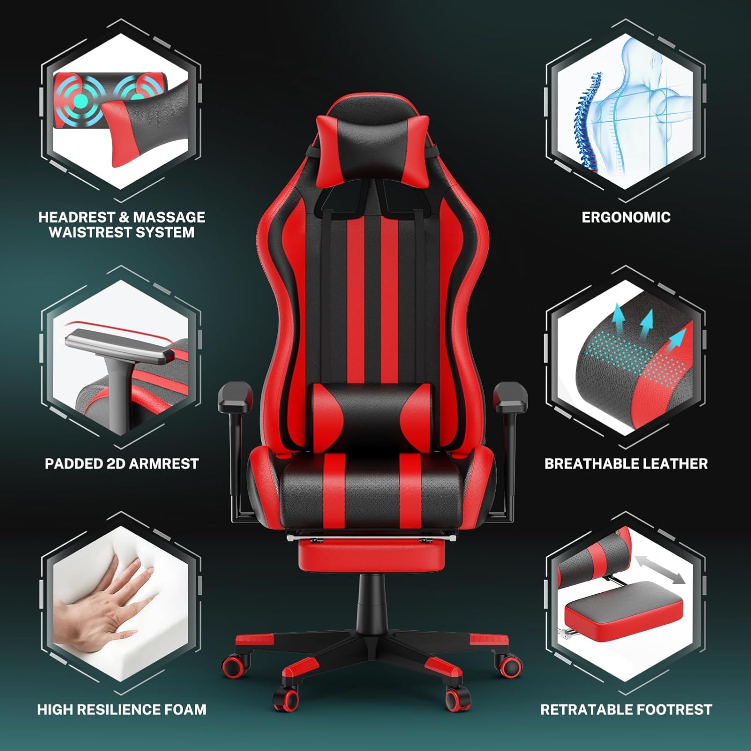 Red Gaming Chair with Footrest,Racing Ergonomic Massage Gaming Chairs for Adults