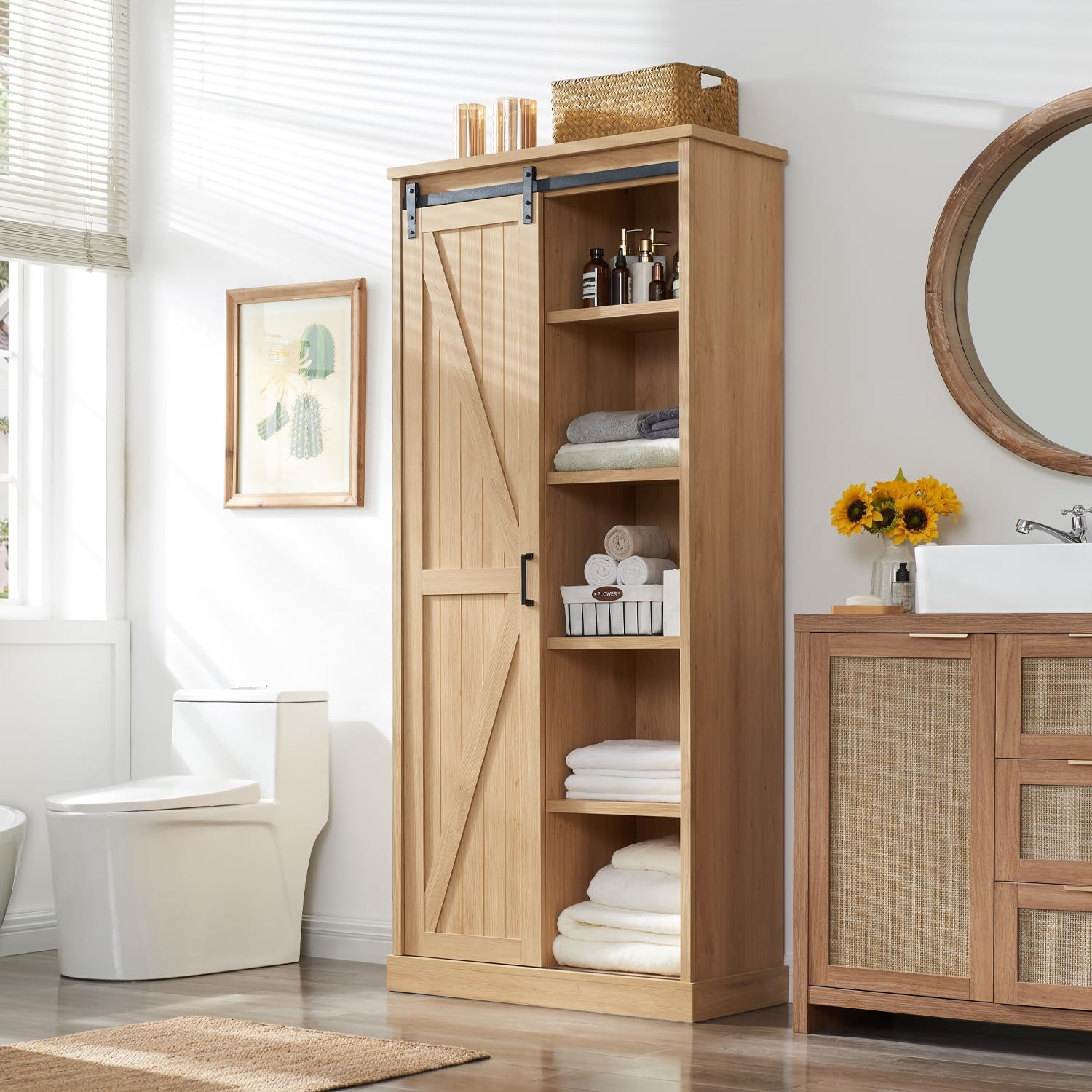 72” Tall Farmhouse Bookshelf, 32” Wide Large Modern Wooden Bookcase with Sliding Barn Door