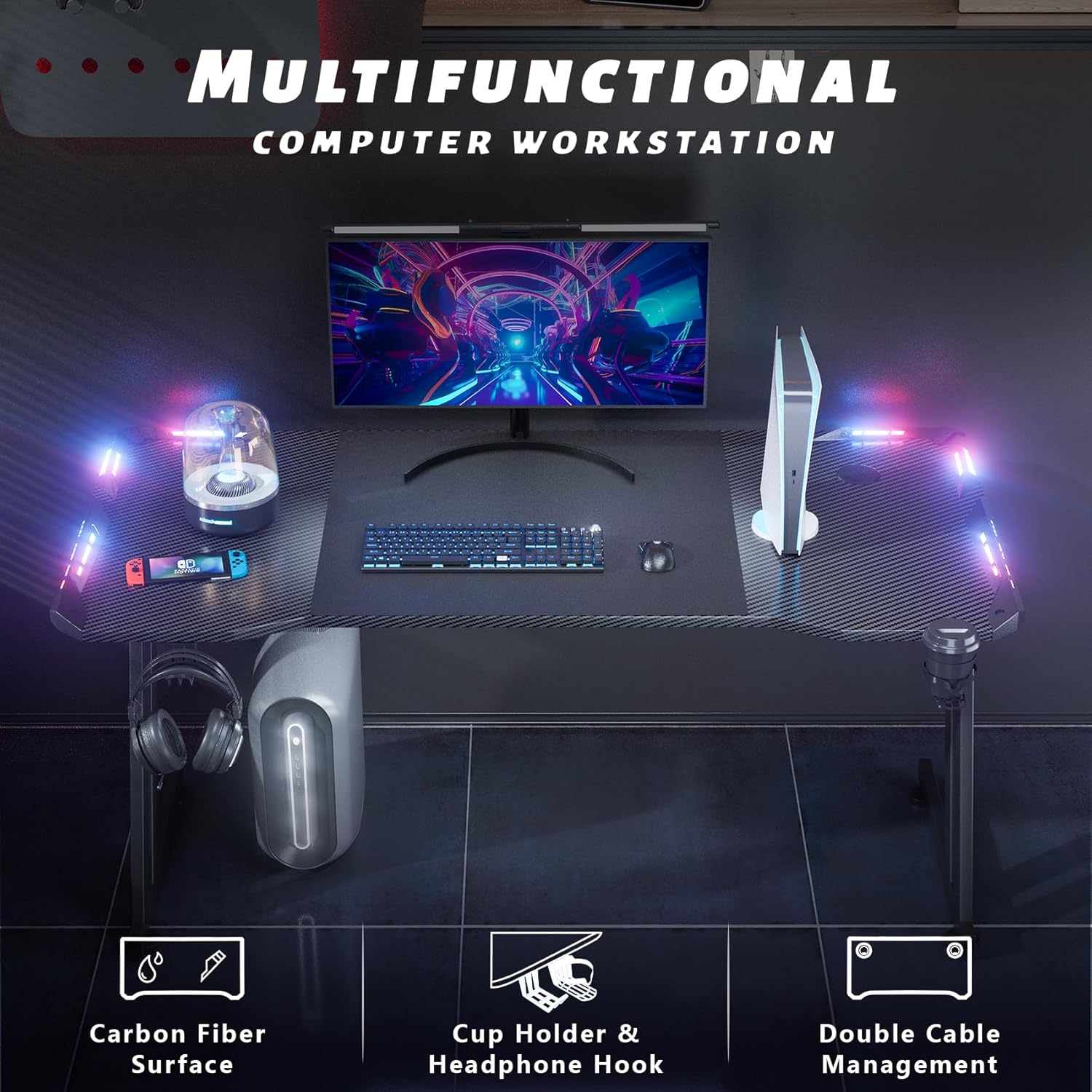 63 Inch Gaming Desk with LED Lights Carbon Fibre Surface Gaming Table Large Computer Desk