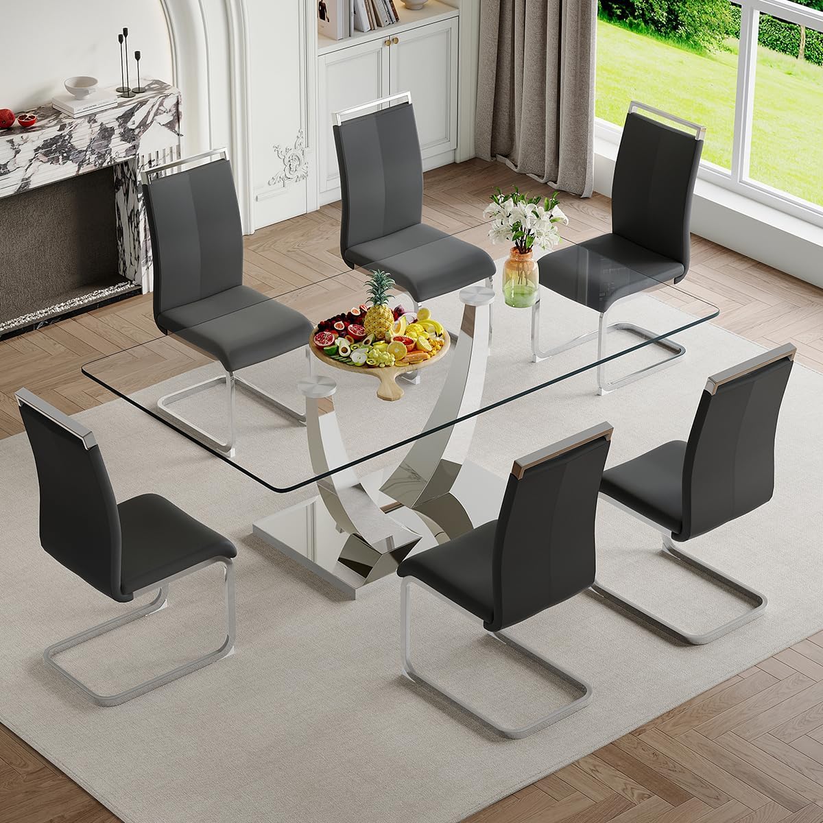 Glass Dining Table Set for 6, Dining Room Table Set 6