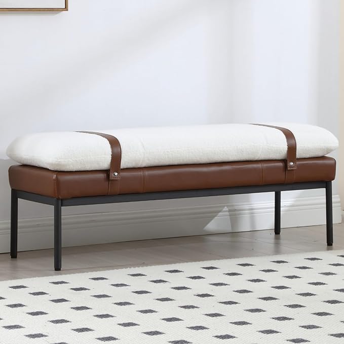 Industrial Modern Sherpa Rectangle Ottoman Bench with PU Strap and Metal Legs